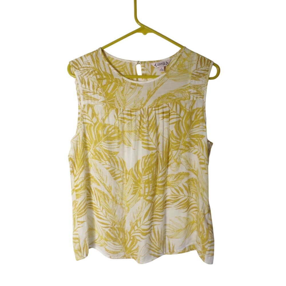 Sz L Nanette Lepore Tropical Leaves Print Gold Chartreuse Yellow Shirt Top